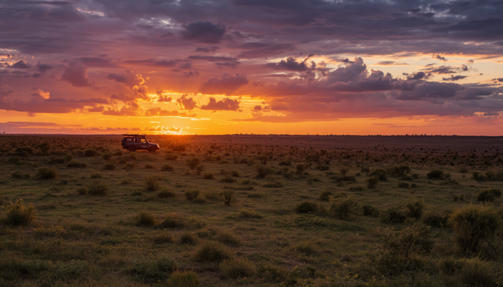 Sunset safari in Maasai Mara Kenya encouraging Great Migration travel booking
