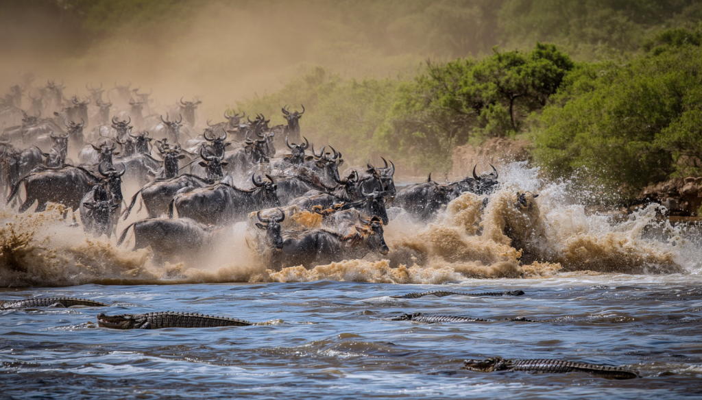 Wildebeest crossing Mara River during Great Migration Kenya with crocodiles