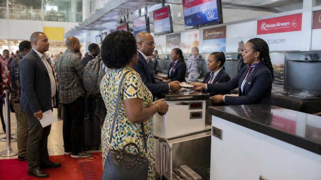 Passengers checking in for a flight at a modern airport terminal in Kenya.