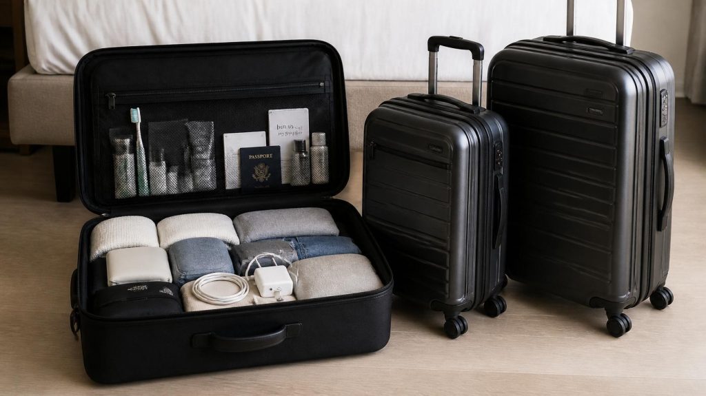 Cabin baggage and checked luggage prepared according to airline baggage allowance rules.
