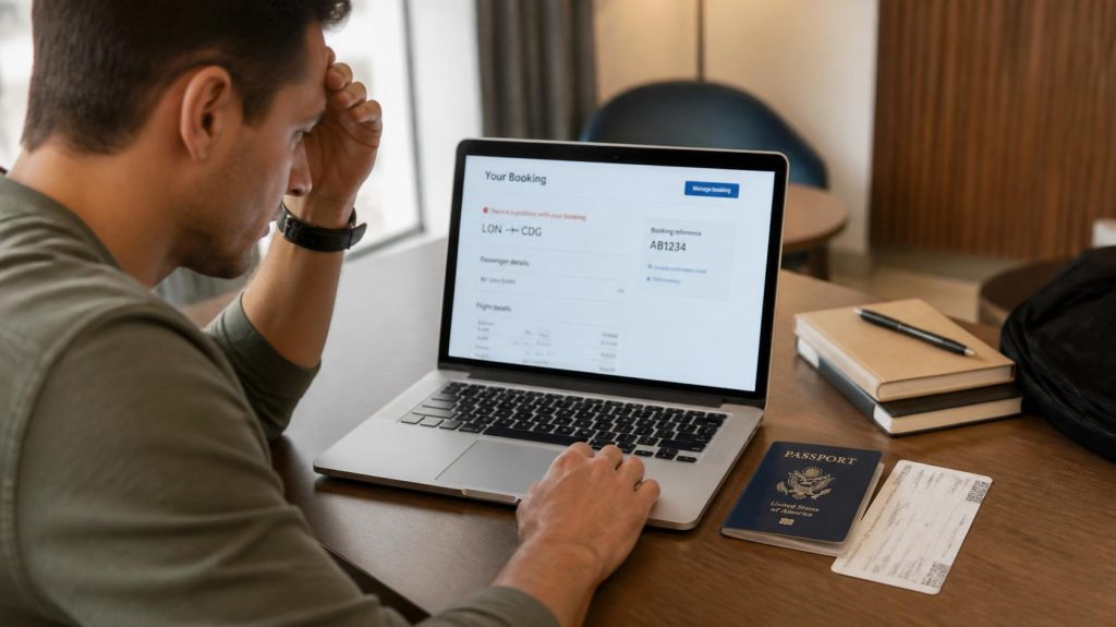 Traveller reviewing flight booking details to avoid common airline ticket mistakes.