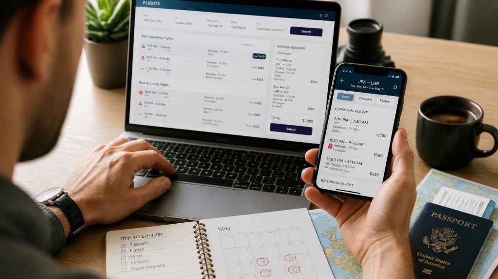 Traveller comparing airline tickets and booking flights online from Nairobi, Kenya.