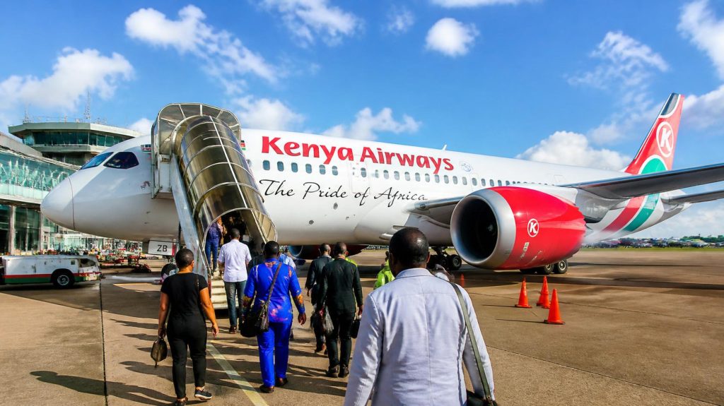 Passengers boarding a domestic flight in Kenya for travel between Nairobi and other destinations.