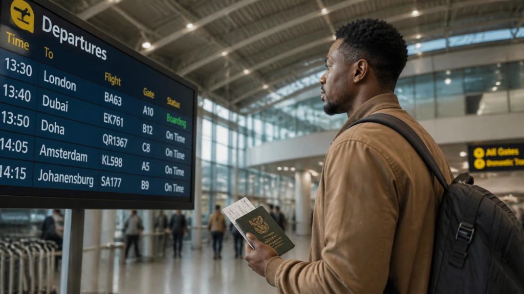 International traveller at an airport holding a passport and boarding pass before departure.
