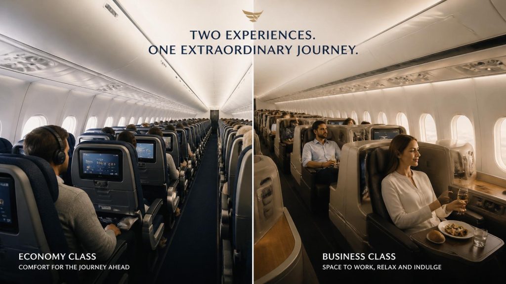 Comparison of Economy Class and Business Class seating on an international flight.