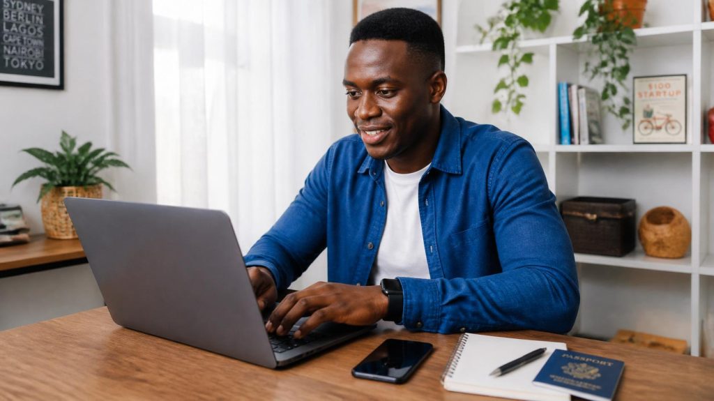 Traveller searching online for affordable flights from Nairobi to domestic and international destinations.