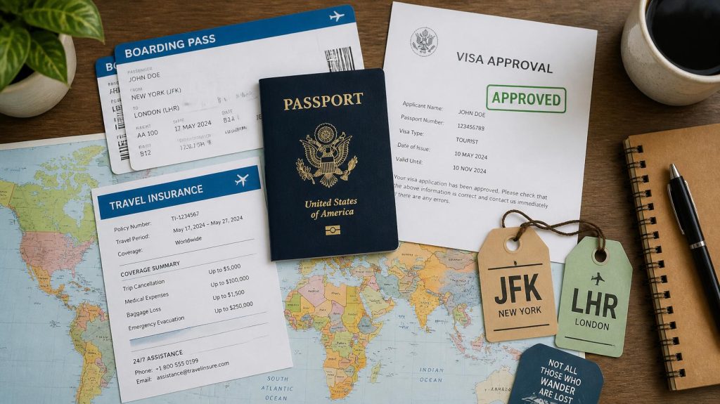 Passport, boarding pass, visa documents and travel insurance prepared for international travel.