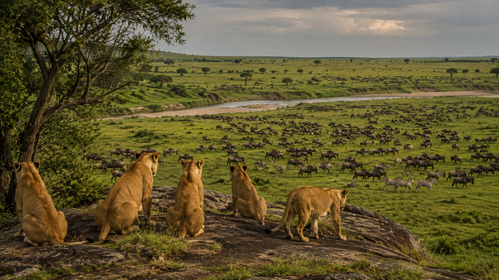 Lions during the Great Migration August 2026 in the Maasai Mara