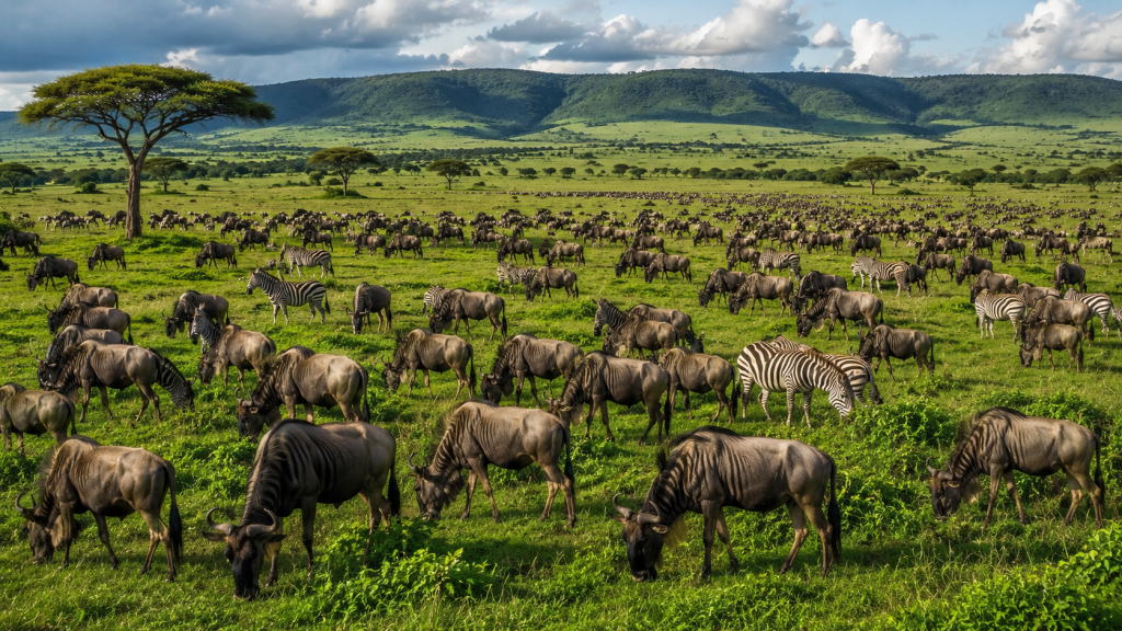 Great Migration August 2026 with wildebeest grazing in the Maasai Mara