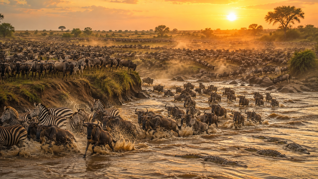 Great Migration August 2026 showing wildebeest herds across the Maasai Mara