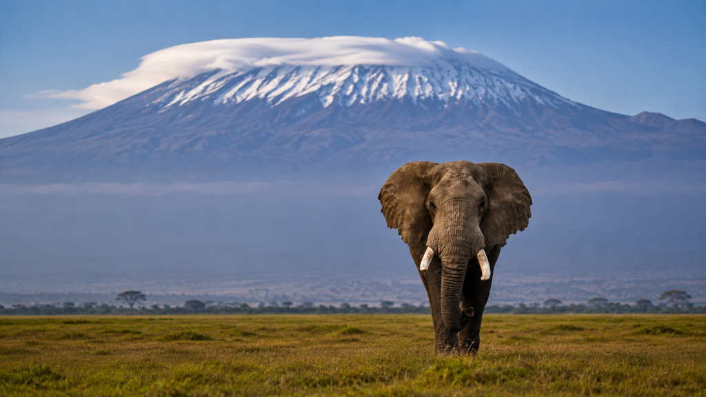 Elephant in Amboseli with Mount Kilimanjaro in the background