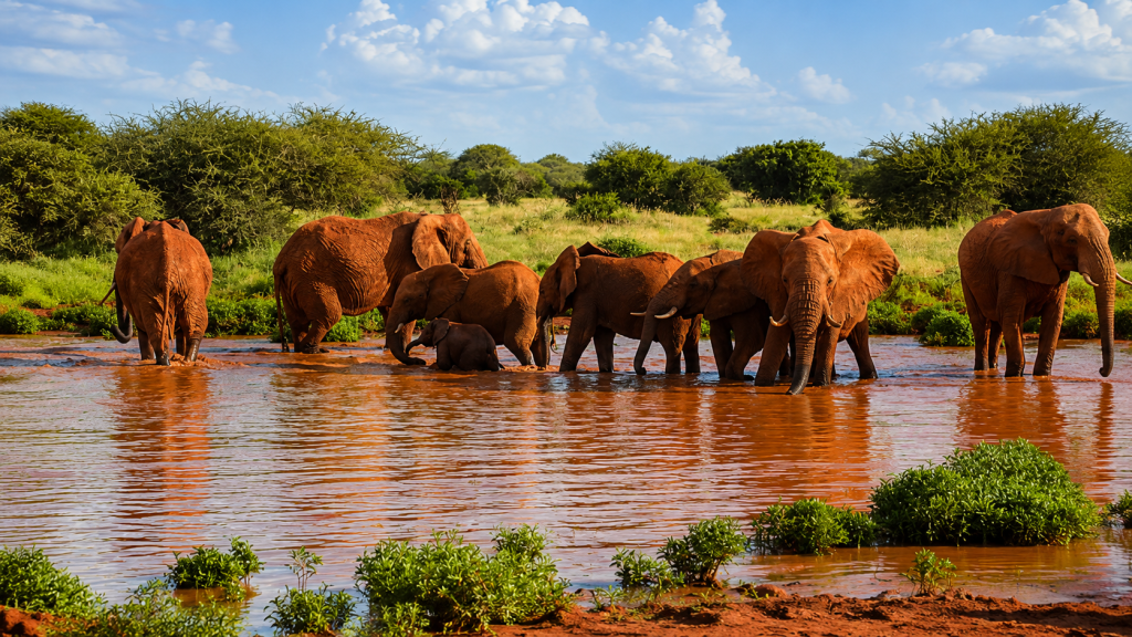 Red elephant walking through Tsavo National Park