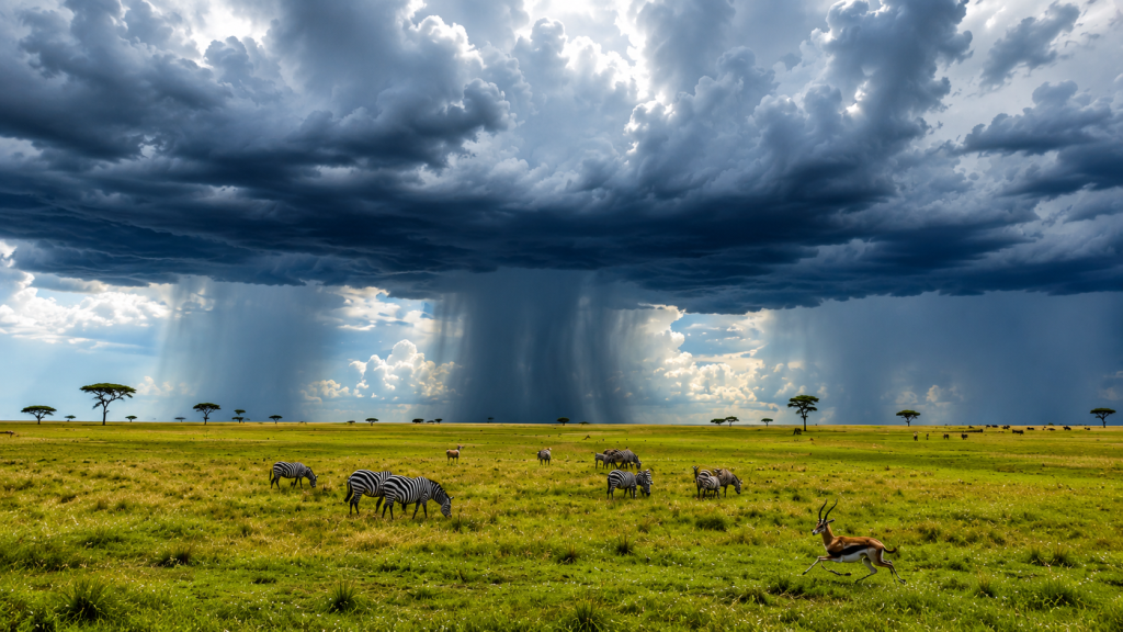 Wildlife on the green Kenyan savannah after the rains