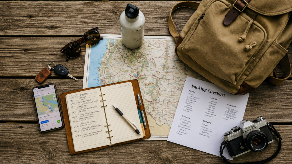 Traveller planning a Kenya safari itinerary with a map and travel documents
